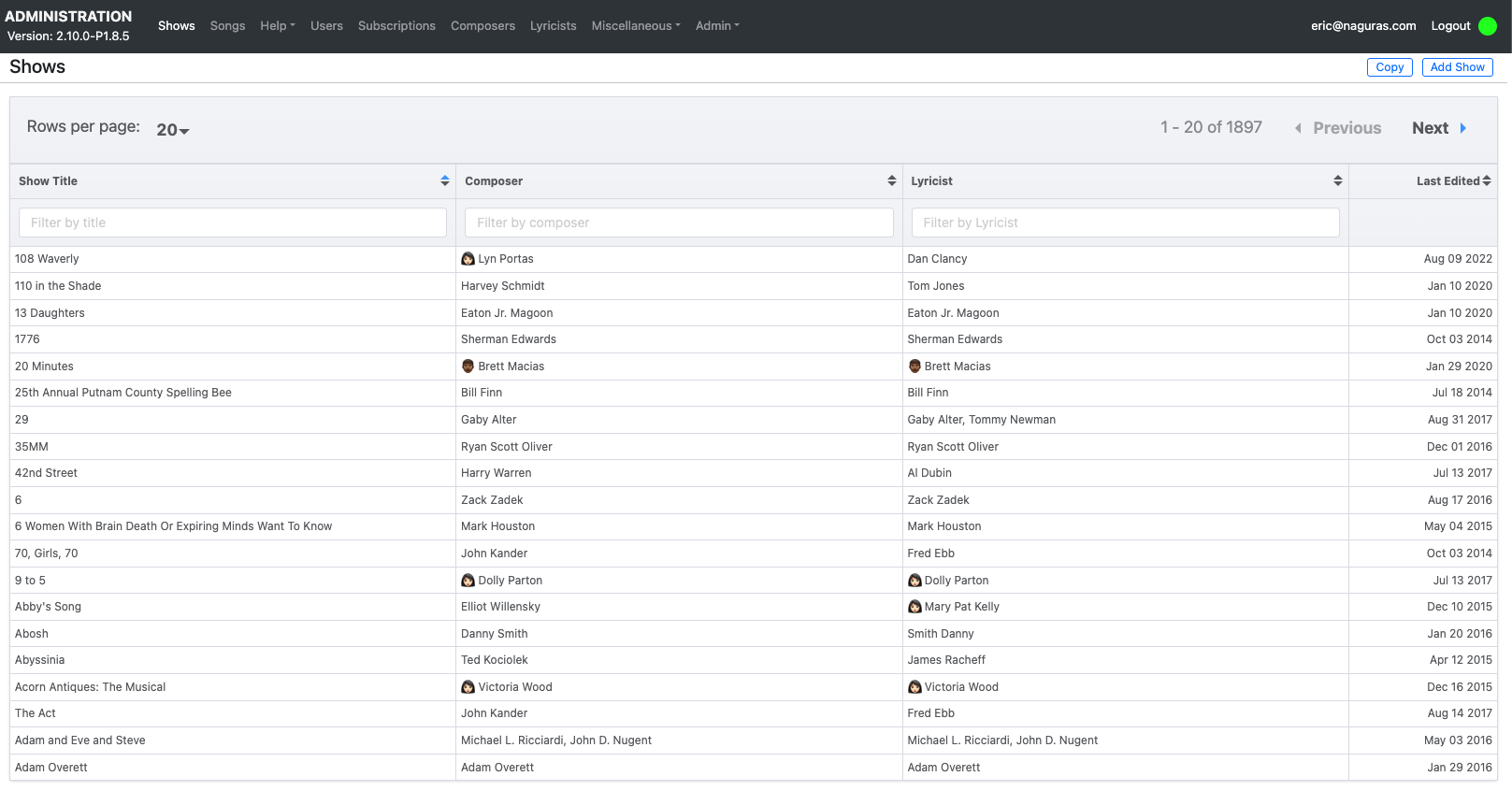 The previous administration app in light mode